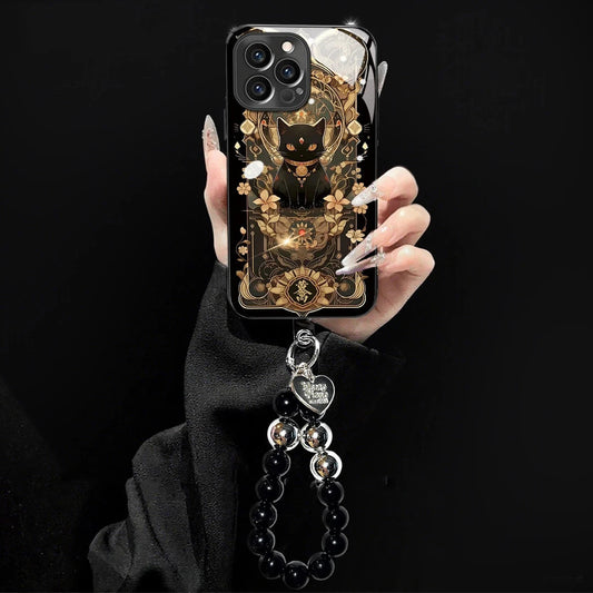 Black Cat & Gold Pattern Phone Cover with Strap