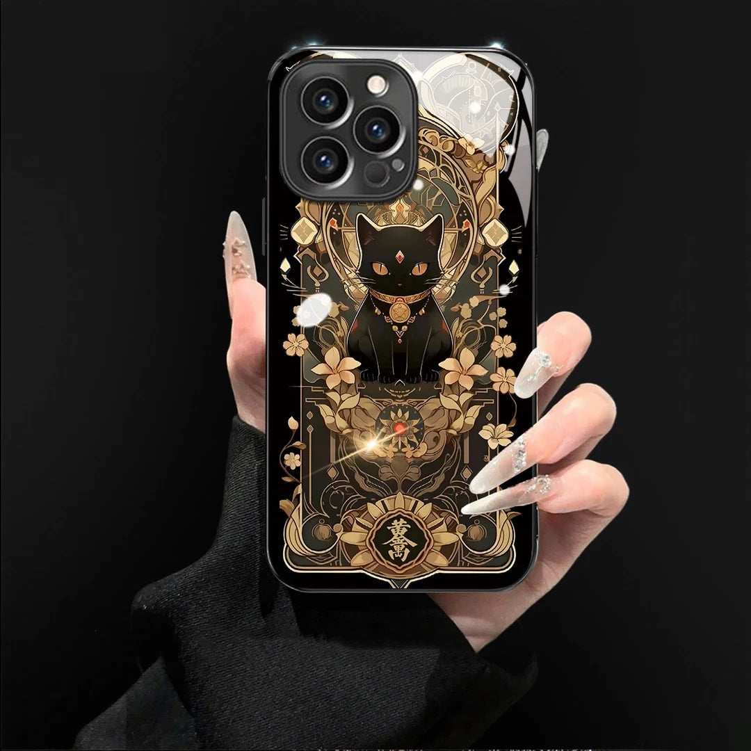 Black Cat & Gold Pattern Phone Cover with Strap