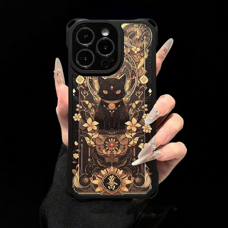 Black Cat & Gold Pattern Phone Cover with Strap
